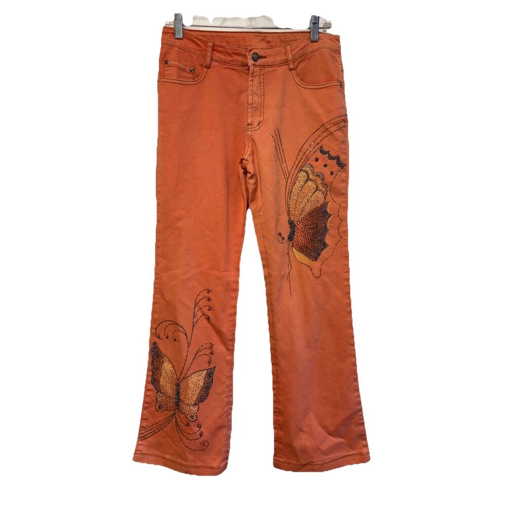 AZI Jeans Women Peach Orange Embellished Beaded Flare Butterfly 29 Zip Pockets